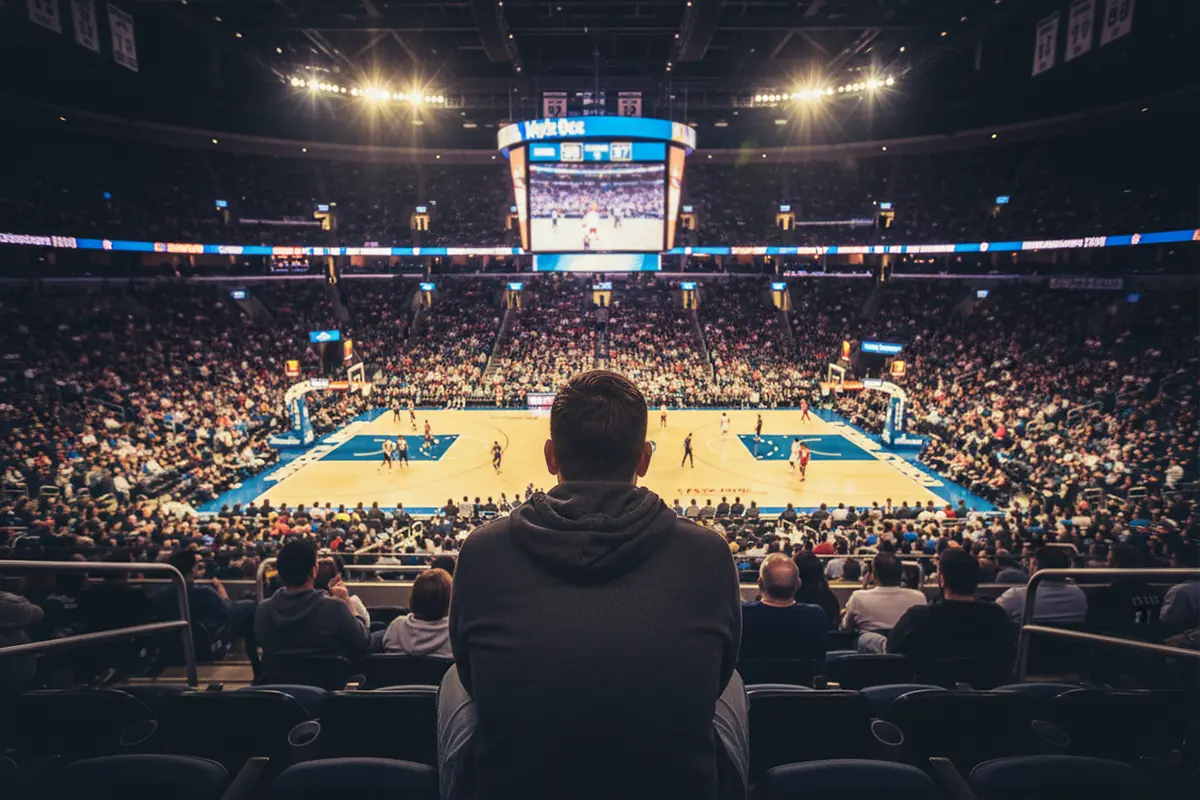 Aficionado siguiendo un partido de baloncesto en directo desde las gradas con el marcador electrónico iluminado al fondo