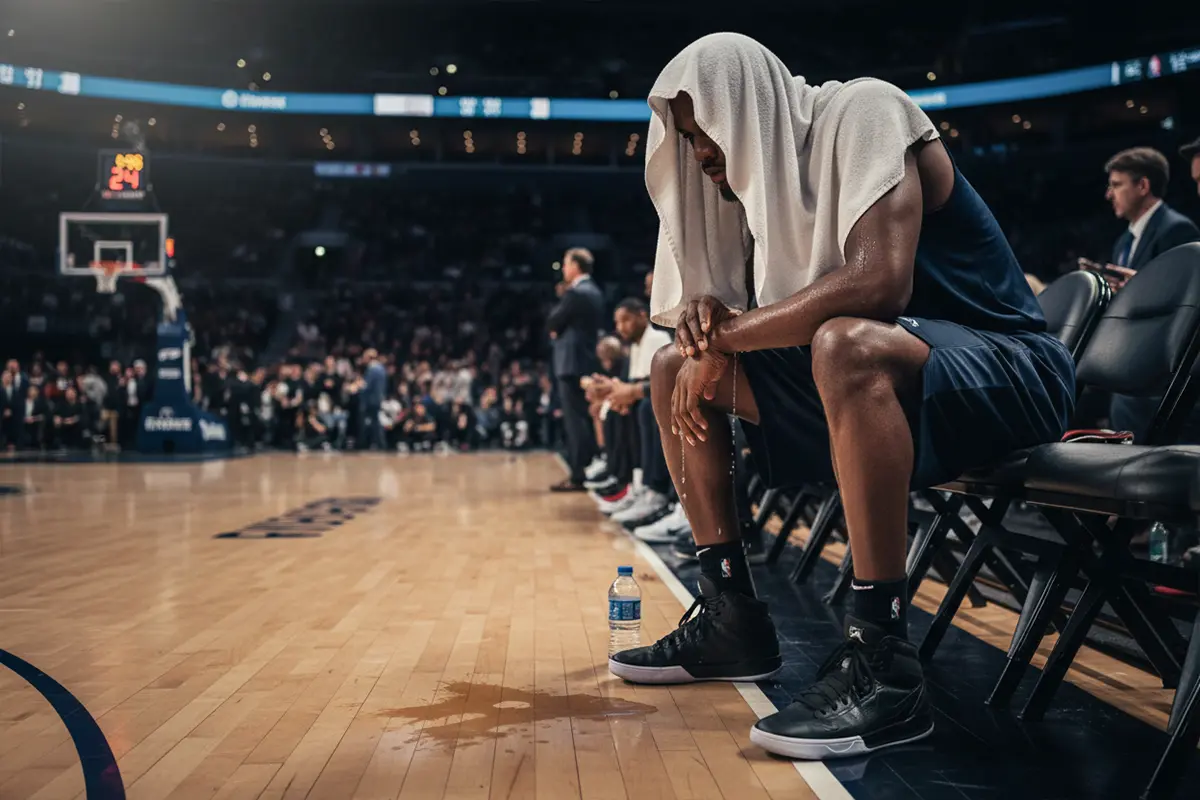 Back-to-back NBA: jugador de baloncesto agotado en el banquillo