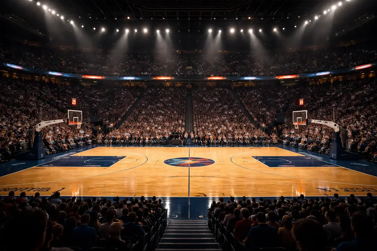 Cancha de baloncesto profesional iluminada durante un partido nocturno con gradas llenas de espectadores