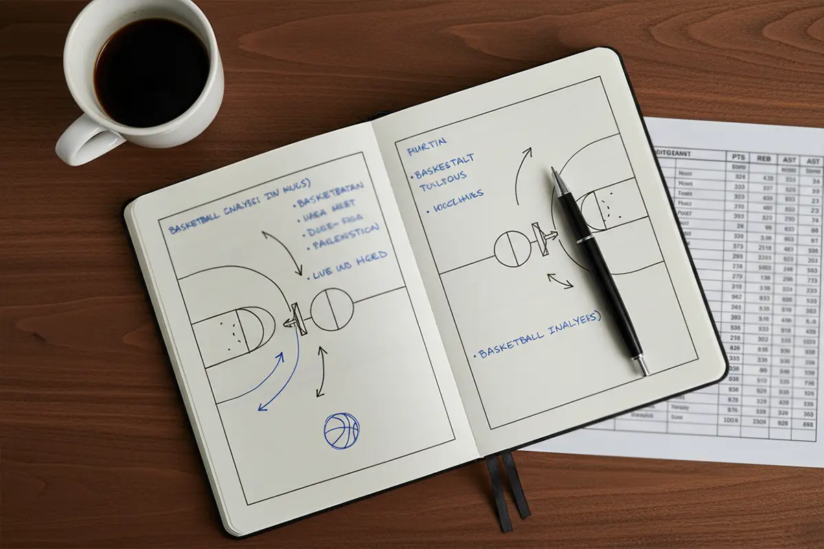 Escritorio con cuaderno de notas y estadísticas de baloncesto junto a un bolígrafo y una taza de café para análisis previo a las apuestas