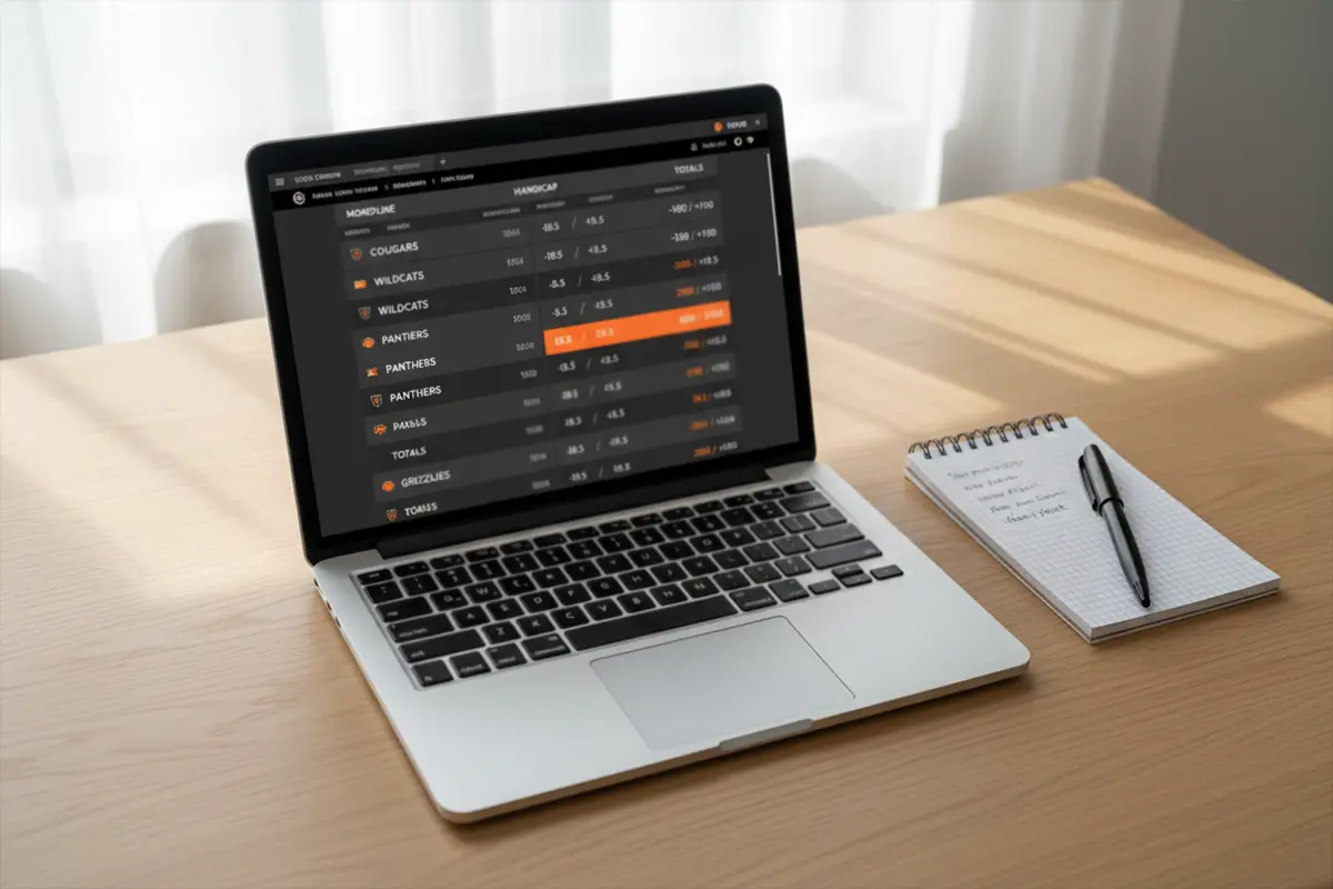 Pantalla de ordenador portátil mostrando diferentes mercados de apuestas de baloncesto con cuotas y líneas de hándicap